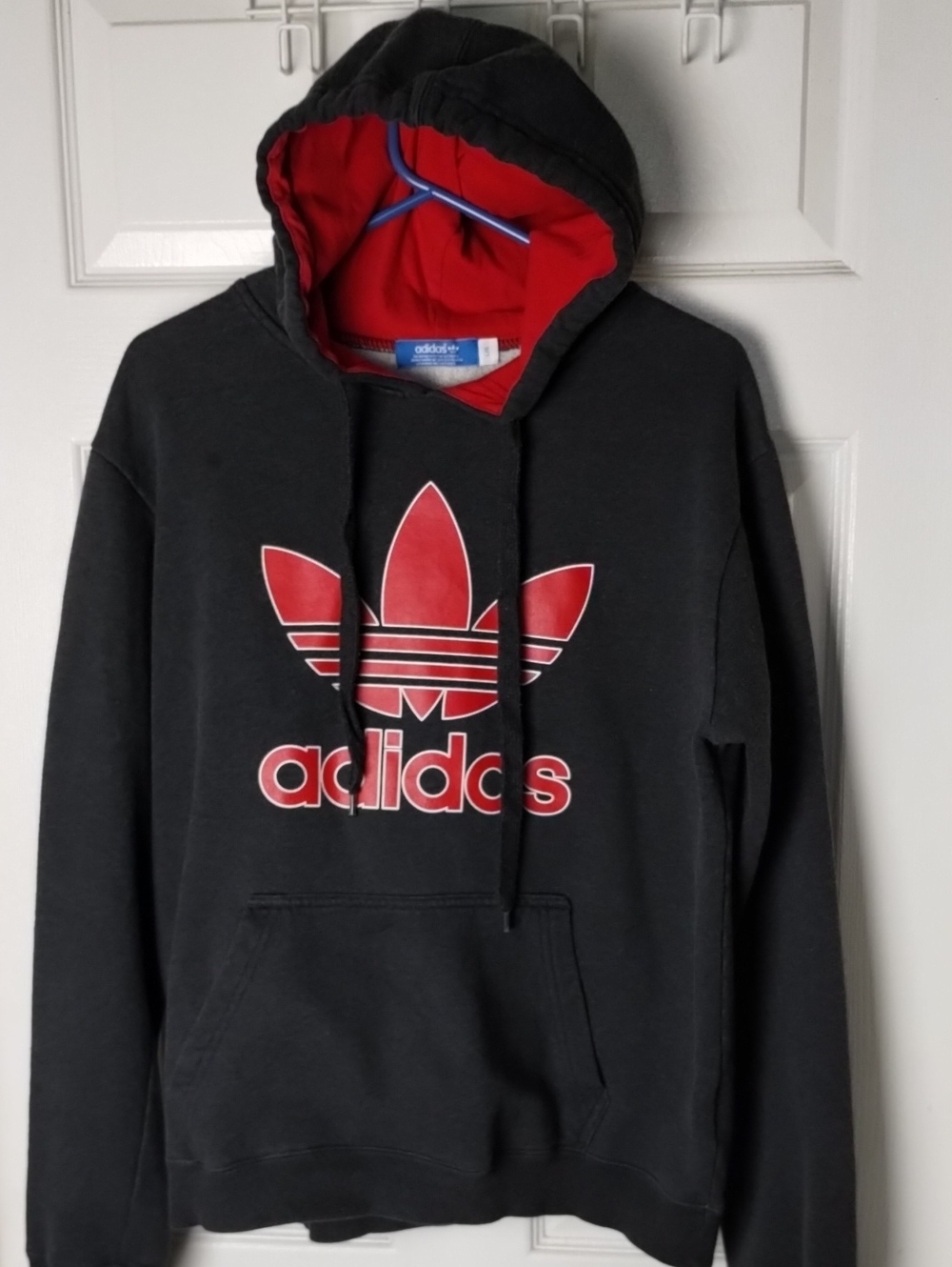 Adidas Black Original Hoodie with Red Trefoil and Red Lining. Size L